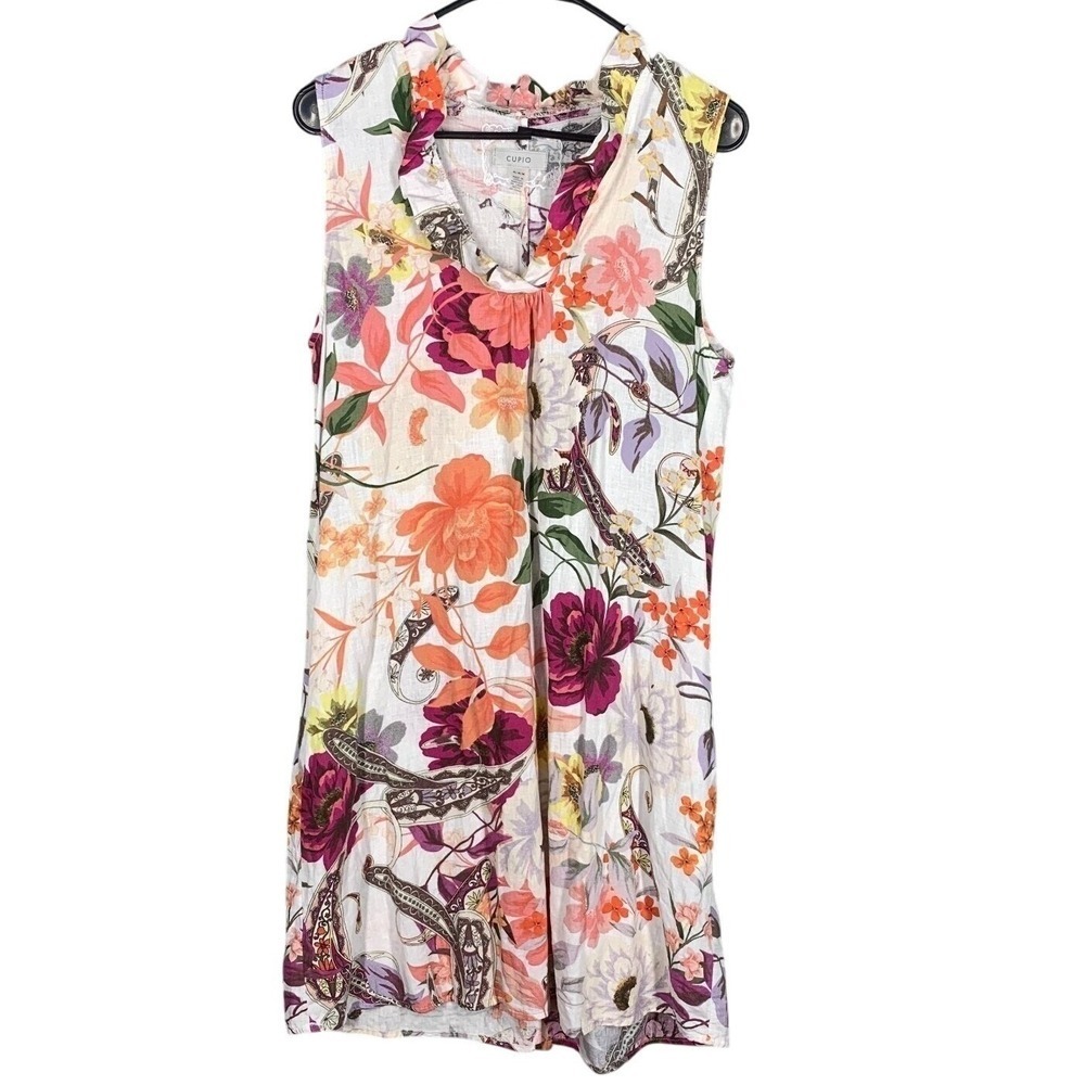 Cupio Dress Womens M Linen Shift Flowy Ruffle Layered Resort Tropical Feminine‎